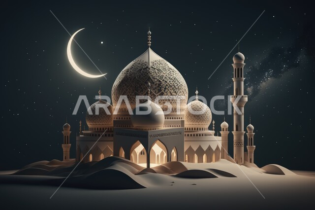 3D model of a luminous mosque with creative designs, Islamic decorations, Islam designs, Ramadan background, 3D artifacts, Ramadan crescent