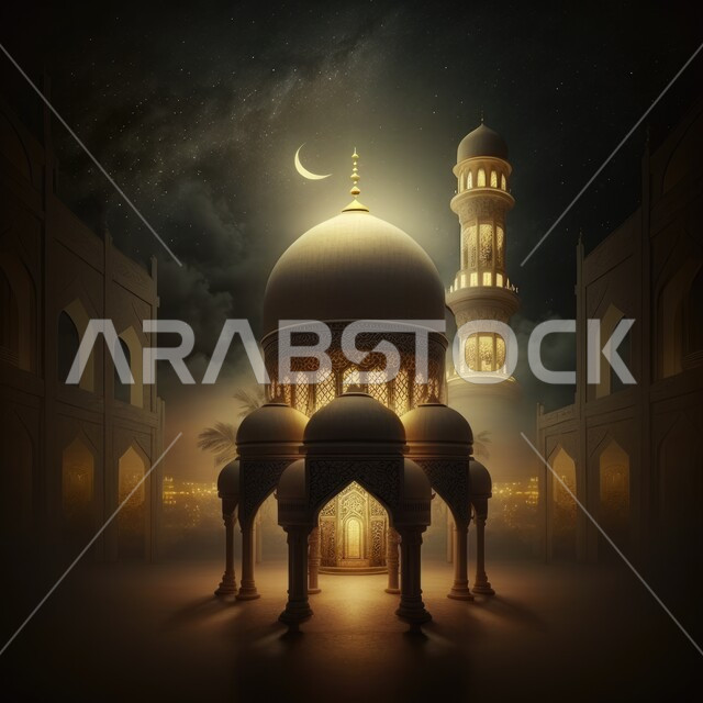مجسم ثلاثي الابعاد لمسجد مضيء بتصاميم ابداعية، ديكورات اسلامية، تصاميم اسلام، خلفية رمضانية، تحف ثلاثية الابعاد، هلال رمضان 