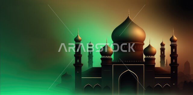 خلفية رمضان ثلاثية الأبعاد على خلفية خضراء ، عرض المنتج ، زينة رمضان ، مفهوم الاحتفال الإسلامي بشهر رمضان الكريم ، أجواء رمضانية ، تحف ثلاثية الأبعاد .