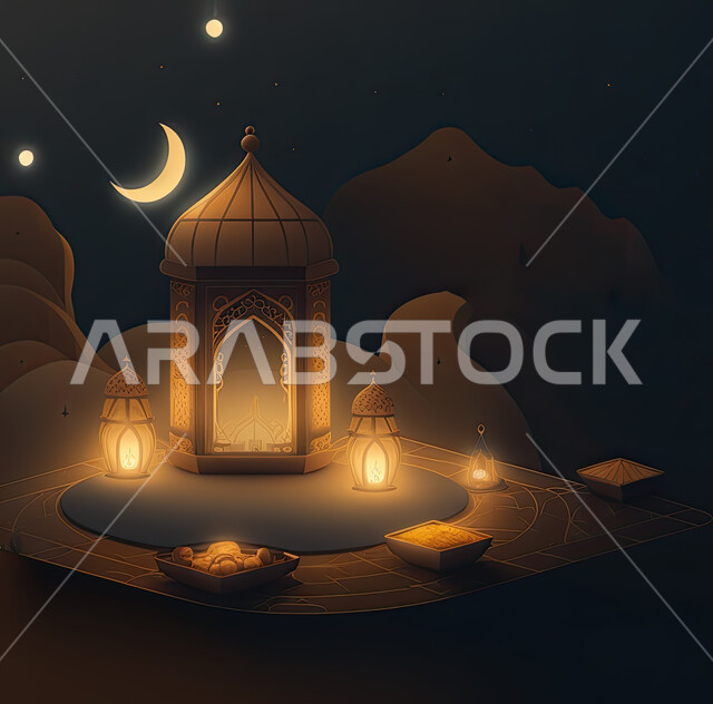 مجموعة من التحف الرمضانية ثلاثية الابعاد, هلال رمضان, زينة شهر رمضان, مناسبات وهدايا, إضاءة وزينة, ديكورات وأنوار رمضانية, خلفية رمضان .