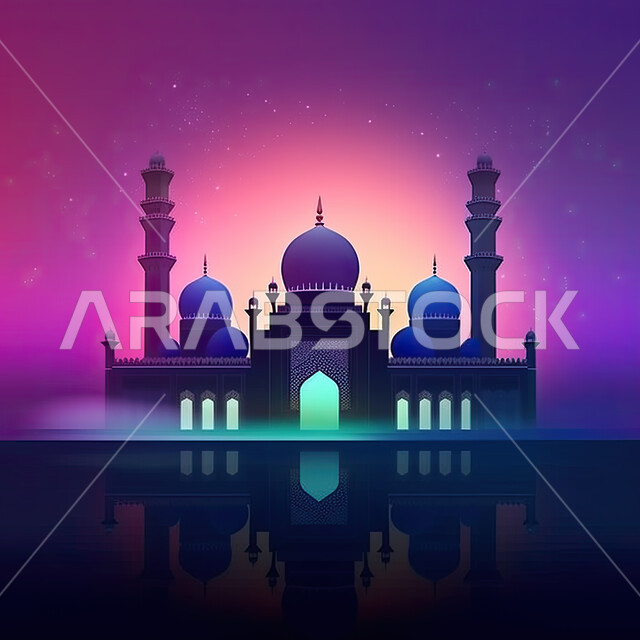 مسجد بتصاميم ابداعية، السماء المليئة بالنجوم اللامعة، هلال القمر، الفن الاسلامي المعماري، الهندسة المعمارية الاامية، معالم دينية، اماكن اسلامية مقدسة، خلفية اسلامية .
