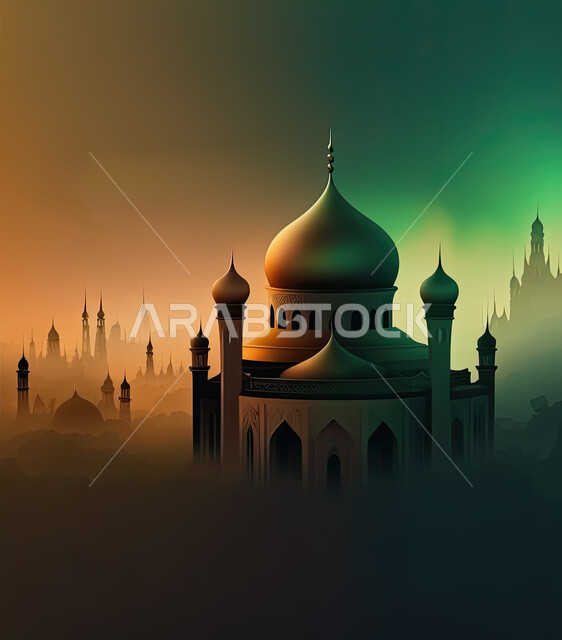 مسجد ثلاثي الابعاد, حوله مساجد عدة, خلفية اسلامية, اجواء رمضانية, مجسمات دينية, خلفية رمضانية .