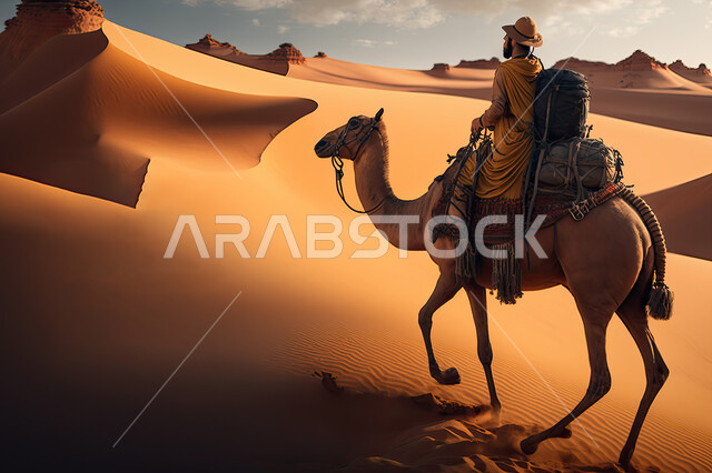 حيوان الجمل في الصحراء، السفر على حيوان الجمل، وسائل مواصلات قديمه، جمل محمل بالامتعه، ناقة، سياحه وسفر .