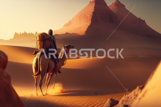 حيوان الجمل في الصحراء، السفر على حيوان الجمل، وسائل مواصلات قديمه، جمل محمل بالامتعه، ناقة، سياحه وسفر .