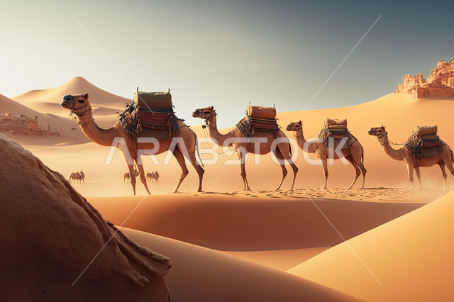 Camel in the desert, a caravan of camels, traveling on a camel, old means of transportation, a camel loaded with luggage, a camel, tourism and travel
