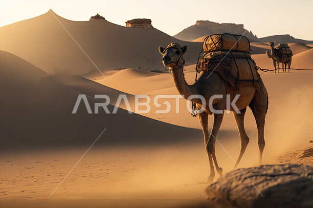 حيوان الجمل في الصحراء، السفر على حيوان الجمل، وسائل مواصلات قديمه، جمل محمل بالامتعه، ناقة، سياحه وسفر  .