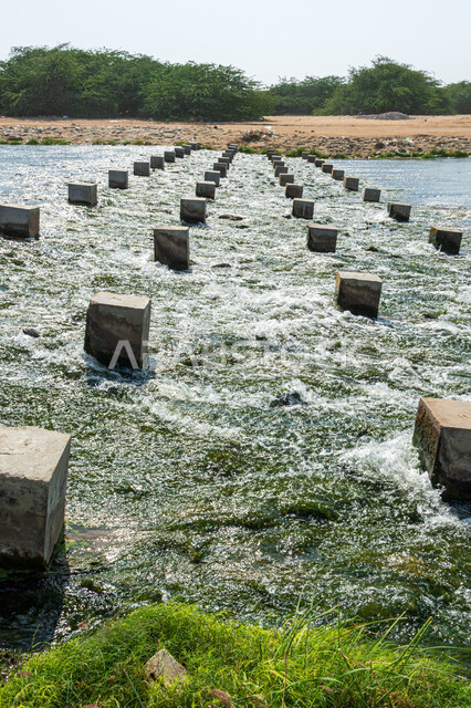 Cubes of stones in the middle of the Jeddah River in the Green Valley in the Kingdom of Saudi Arabia, green trees and plants, the Green Valley, the Jeddah River, water course, landscapes, nature background