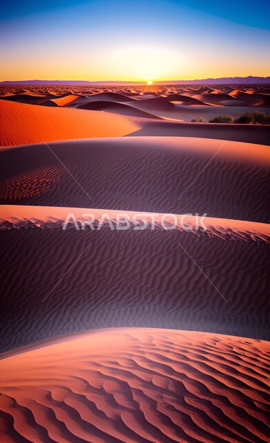 المناطق الصحراوية وقت غروب الشمس، التلال الرملية، الكثبان الرملية، الرمال الناعمة، التضاريس الصحراوية، الطبيعة الصحراوية
