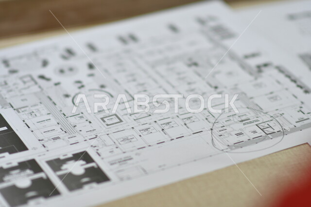 صورة مقربة ليد مهندس معماري يمسك القلم، خريطة تصميم، ادارة المشاريع الهندسية، مفهوم الهندسة، مخططات و تصماميم هندسية