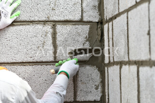 صورة مقربة لعامل بناء يقوم ببناء جدار من الطوب والاسمنت، قالب طوبي، اعمال البناء، حائط حجري، ادوات ومعدات البناء