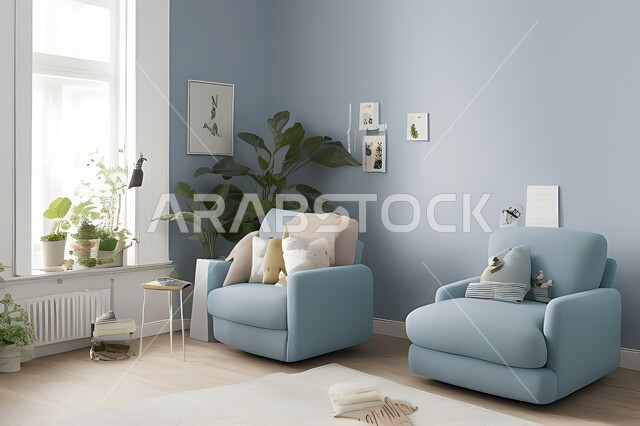 Living room with modern modern designs, living room, interior decorations, hanging paintings, antiques and accessories, upscale home furniture, modern designs, apartments and villas, interior decorationازرق