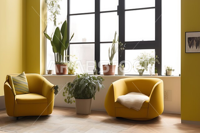 غرفة معيشه بتصاميم عصرية حديثه، غرفة جلوس, ديكورات داخليه، لوحات فنيه معلقه, تحف و إكسسوارات, أثاث منزلي راقي، تصاميم عصرية ، شقق وفلل سكنية ، ديكور داخلي, اللون الاصفر