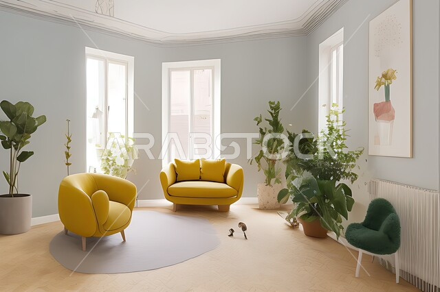 غرفة معيشه بتصاميم عصرية حديثه، غرفة جلوس, ديكورات داخليه، لوحات فنيه معلقه, تحف و إكسسوارات, أثاث منزلي راقي، تصاميم عصرية ، شقق وفلل سكنية ، ديكور داخلي, اللون الاصفر