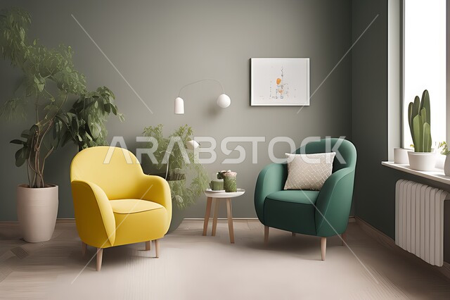 Stylish Armchair and Diffrent Potted Plants, Big Window, Minimal