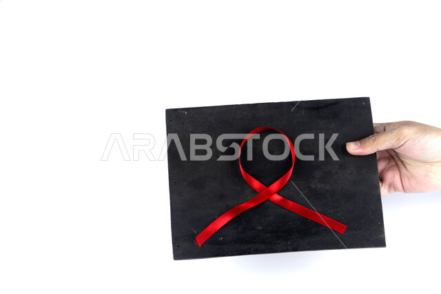 .A hand holding a black board with a red ribbon on it, AIDS awareness ribbon, HIV, health care, white background