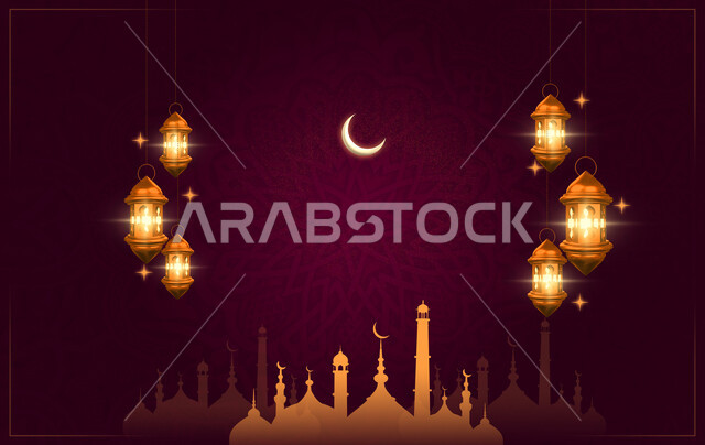 قالب تصميم رمضاني , التهنئة بقدوم شهر رمضان الكريم ، هلال و فوانيس رمضان ، كتابة رمضان كريم , مخطوطة عربية دينية , خلفية نهدية .