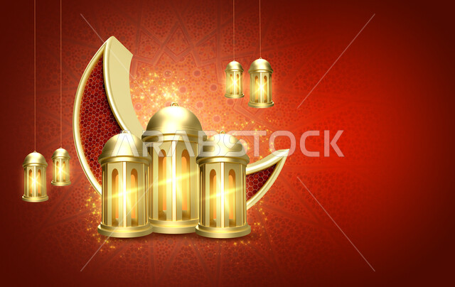 قالب تصميم رمضاني , التهنئة بقدوم شهر رمضان الكريم ، هلال و فوانيس رمضان ، خلفية حمراء , فوانيس مضيئة  .
