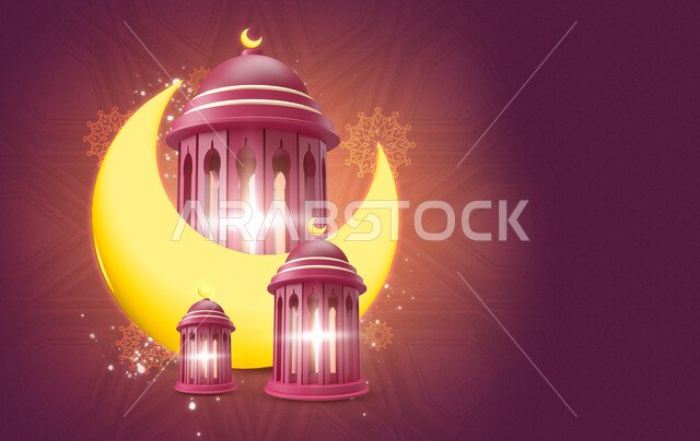 قالب تصميم رمضاني , التهنئة بقدوم شهر رمضان الكريم ، هلال و فوانيس رمضان , خلفية وردية متدرجة , فوانيس مضيئة  .