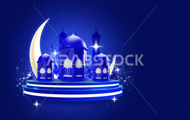 قالب تصميم رمضاني , التهنئة بقدوم شهر رمضان الكريم ، هلال و فوانيس رمضان  , خلفية زرقاء , فوانيس مضيئة  .