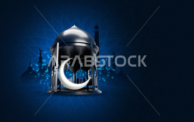 قالب تصميم رمضاني , التهنئة بقدوم شهر رمضان الكريم ، هلال و فوانيس رمضان  , خلفية زرقاء , فوانيس مضيئة  .