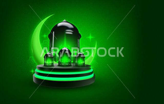 قالب تصميم رمضاني , التهنئة بقدوم شهر رمضان الكريم ، هلال و فوانيس رمضان ، فوانيس مضيئة, خلفية خضراء.