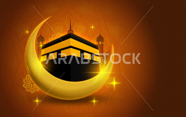 قالب تصميم رمضاني , التهنئة بقدوم شهر رمضان الكريم ، هلال و فوانيس رمضان ، الكعبة المشرفة , خلفية صفراء .