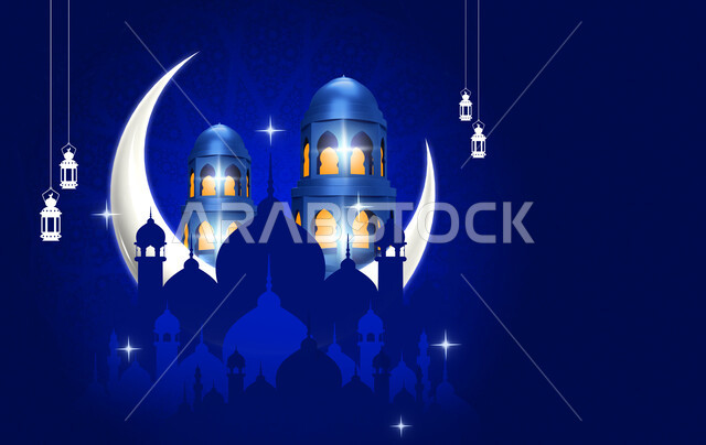 قالب تصميم رمضاني , التهنئة بقدوم شهر رمضان الكريم ، هلال و فوانيس رمضان ،  خلفية زرقاء , جوامع ومساجد .