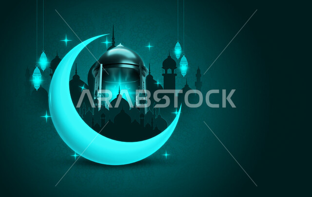 قالب تصميم رمضاني , التهنئة بقدوم شهر رمضان الكريم ، هلال و فوانيس رمضان ،  خلفية خضراء , جوامع ومساجد .