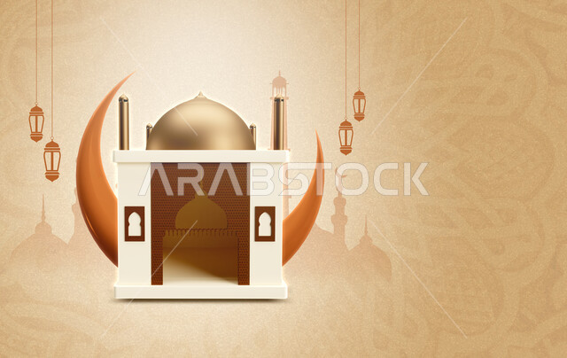 قالب تصميم رمضاني , التهنئة بقدوم شهر رمضان الكريم ، هلال و فوانيس رمضان ،  خلفية بيج , مساجد ومعلقات . 