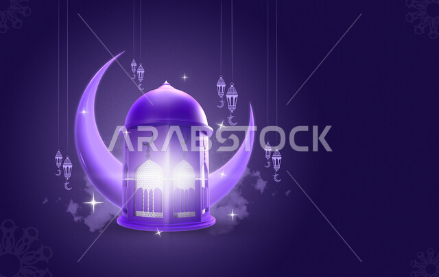 قالب تصميم رمضاني , التهنئة بقدوم شهر رمضان الكريم ، هلال و فوانيس رمضان ، كتابة رمضان كريم , مخطوطة عربية دينية , خلفية نهدية .