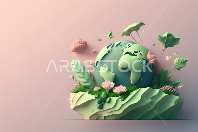 مجسم الكرة الأرضية ثلاثية الابعاد ،  الأرض مع زهور وأشجار ،  مجسم الكرة الأرضية ، طبيعة ، كوكب الأرض ، يوم البيئة ،  حول العالم. 
