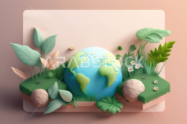مجسم الكرة الأرضية ثلاثية الابعاد ،  الأرض مع زهور وأشجار ،  مجسم الكرة الأرضية ، طبيعة ، كوكب الأرض ، يوم البيئة ،  حول العالم. 