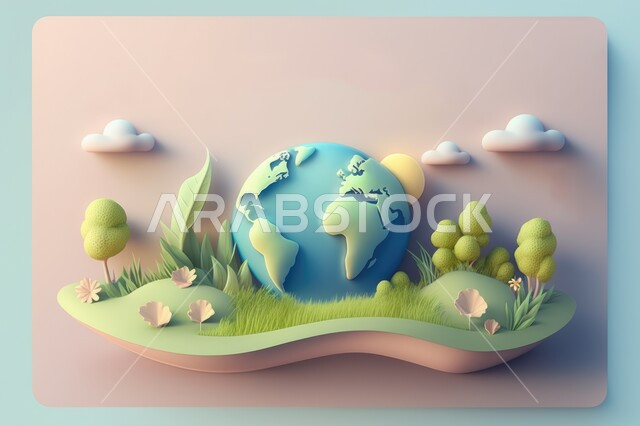 مجسم الكرة الأرضية ثلاثية الابعاد ،  الأرض مع زهور وأشجار ،  مجسم الكرة الأرضية ، طبيعة ، كوكب الأرض ، يوم البيئة ،  حول العالم. 