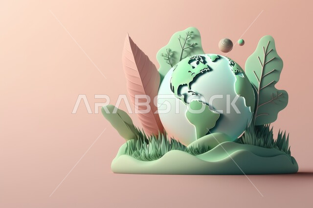 مجسم الكرة الأرضية ثلاثية الابعاد ،  الأرض مع زهور وأشجار ،  مجسم الكرة الأرضية ، طبيعة ، كوكب الأرض ، يوم البيئة ،  حول العالم. 
