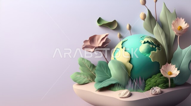 مجسم الكرة الأرضية ثلاثية الابعاد ،  الأرض مع زهور وأشجار ،  مجسم الكرة الأرضية ، طبيعة ، كوكب الأرض ، يوم البيئة ،  حول العالم. 