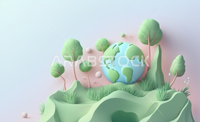 مجسم الكرة الأرضية ثلاثية الابعاد ،  الأرض مع زهور وأشجار ،  مجسم الكرة الأرضية ، طبيعة ، كوكب الأرض ، يوم البيئة ،  حول العالم. 