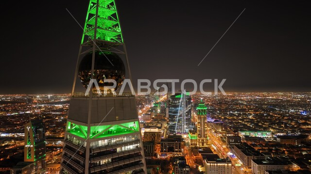 Riyadh Al Faisaliah Tower in Riyadh, Saudi Arabia at night, Riyadh city towers, luminous skyscrapers and towers, Saudi architectural art, famous Riyadh landmarks