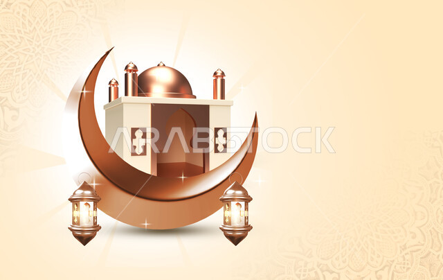 قالب تصميم رمضاني , التهنئة بقدوم شهر رمضان الكريم ، هلال و فوانيس رمضان , خلفية بيج, فوانيس مضيئة  .