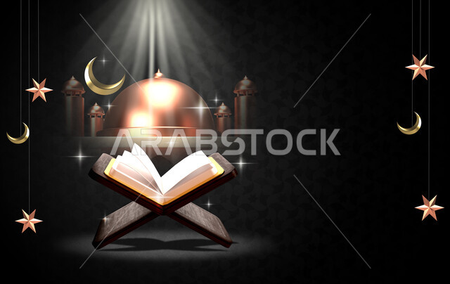 قالب تصميم رمضاني , التهنئة بقدوم شهر رمضان الكريم ، هلال و فوانيس رمضان , خلفية سوداء , فوانيس مضيئة  .