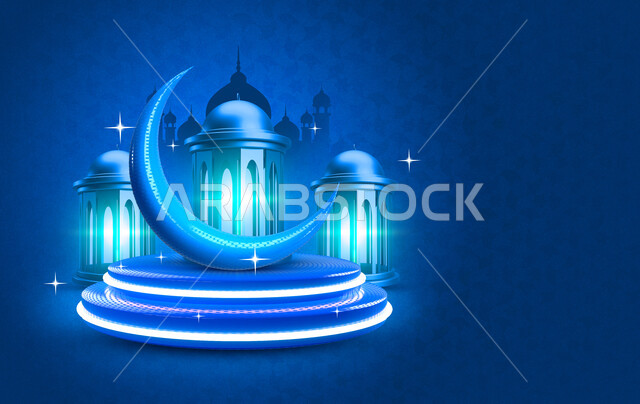 قالب تصميم رمضاني , التهنئة بقدوم شهر رمضان الكريم ، هلال و فوانيس رمضان , خلفية زرقاء , فوانيس مضيئة  .