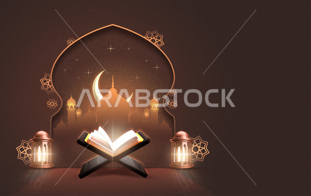 قالب تصميم رمضاني , التهنئة بقدوم شهر رمضان الكريم ، هلال و فوانيس رمضان , خلفيات بيج داكنة , فوانيس مضيئة  .