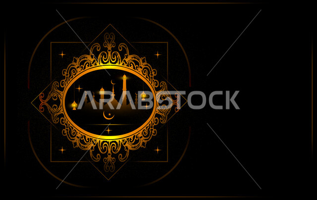 قالب تصميم رمضاني , التهنئة بقدوم شهر رمضان الكريم ، هلال و فوانيس رمضان , خلفية سوداء , ديكورات وزينة  .