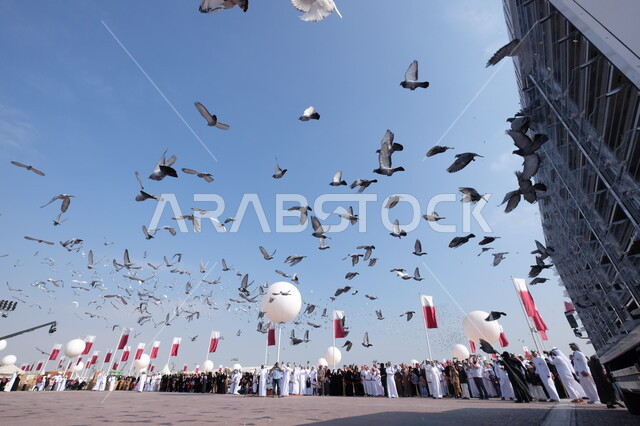 مجموعة كبيرة من الحمام تطير احتفالا باليوم الوطني لدولة قطر ،  اليوم الوطني القطري ، أعياد وطنية ، حب الوطن ، علم دولة قطر. 