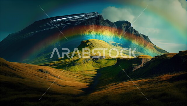 الطبيعة الجبلية الخضراء بعد هطول المطر , شروق الشمس فوق الجبال ,  قوس قزح , أراضي طبيعية , مروج خضراء , خلفيات طبيعة .