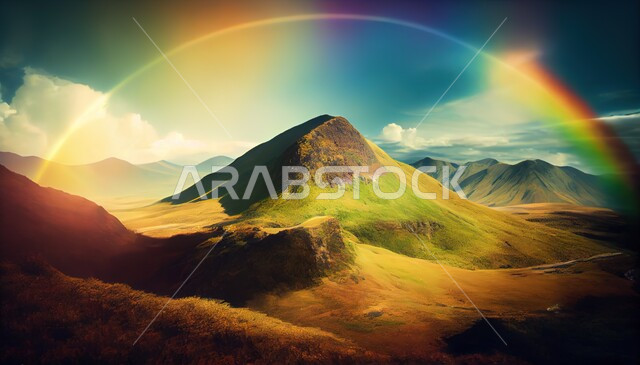 الطبيعة الجبلية الخضراء بعد هطول المطر , شروق الشمس فوق الجبال ,  قوس قزح , أراضي طبيعية , مروج خضراء , خلفيات طبيعة .