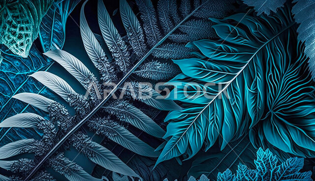 الزهور الاستوائية, الذكاء الاصطناعي التوليدي, اشكال الاوراق الاستوائية, اوراق ذو اشكال مختلفة, خلفية زرقاء .