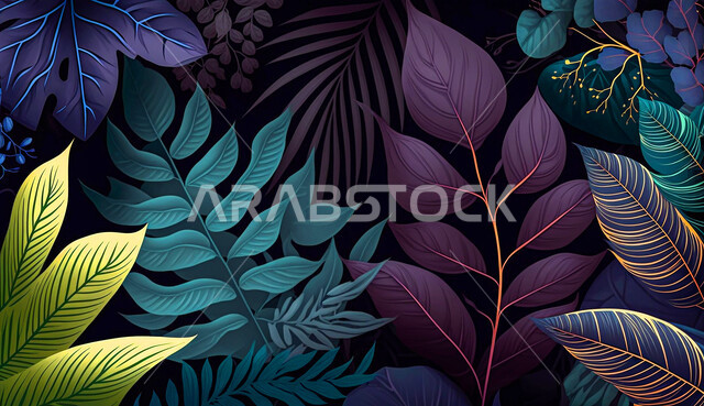الزهور الاستوائية, الذكاء الاصطناعي التوليدي, اشكال الاوراق الاستوائية, اوراق ذو اشكال مختلفة, خلفية زرقاء .