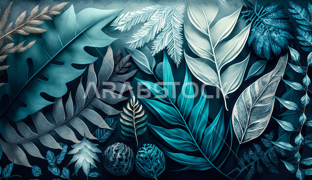 الزهور الاستوائية, الذكاء الاصطناعي التوليدي, اشكال الاوراق الاستوائية, اوراق ذو اشكال مختلفة, خلفية زرقاء .