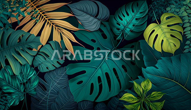 الزهور الاستوائية, الذكاء الاصطناعي التوليدي, اشكال الاوراق الاستوائية, خلفية زرقاء .