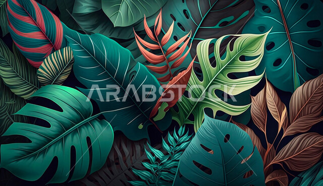 الزهور الاستوائية, الذكاء الاصطناعي التوليدي, اشكال الاوراق الاستوائية, خلفية زرقاء .